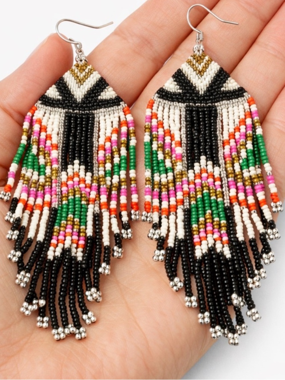 Handmade Beaded Fringe Earrings | Boho Geometric Tribal Dangles NWT